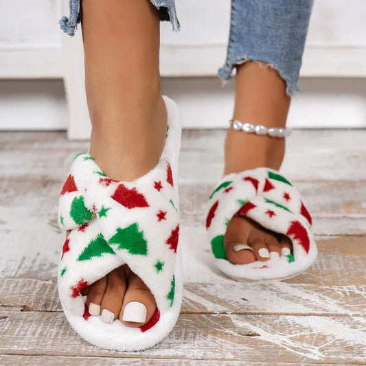 Christmas Tree Pattern Furry Bedroom Slippers Christmas Tree / 7.5
