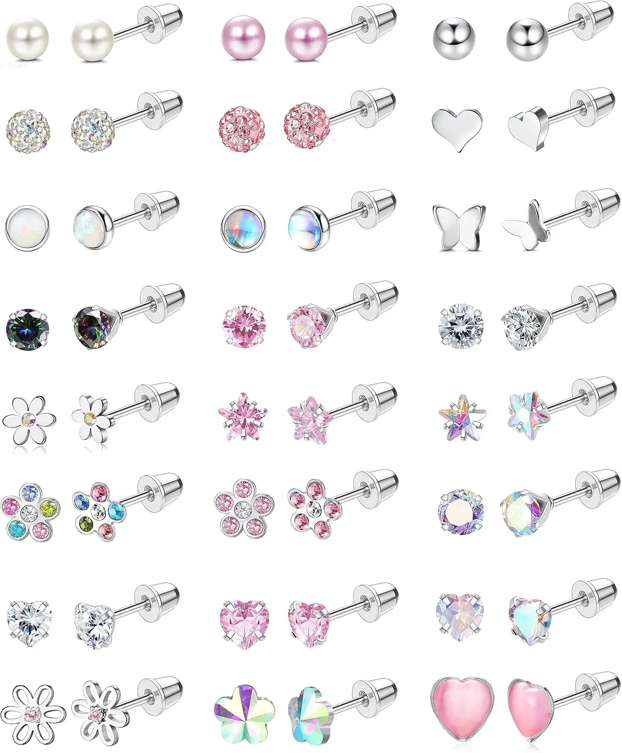 24-Pair Stainless Steel Screw Back Stud Earrings Set for Women & Girls