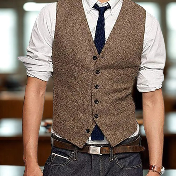 Suit Vest V Neck Herringbone Tweed Slim Fit