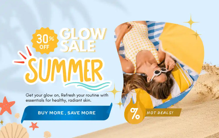 Summer Glow Sale banner offering 30% off skincare essentials for healthy, radiant skin on a beach background.