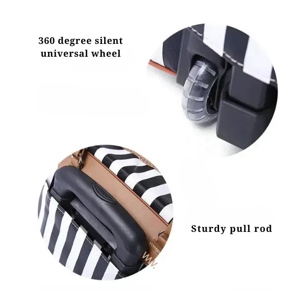 Close-up detail shots of a suitcase wheel and pull handle with text labels reading '360 degree silent universal wheel' and 'Sturdy pull rod' on a white background.