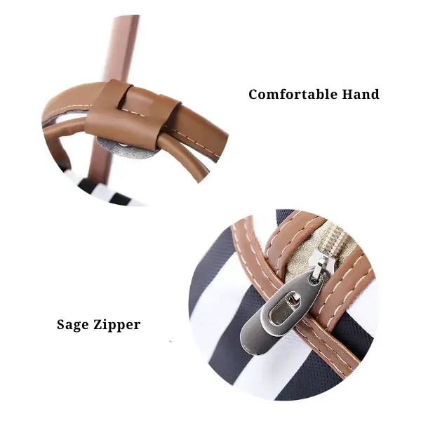 Close-up detail shots of a handbag strap and zipper. The top circular inset shows a tan leather strap crossing over the bag with the text 'Comfortable Hand.
