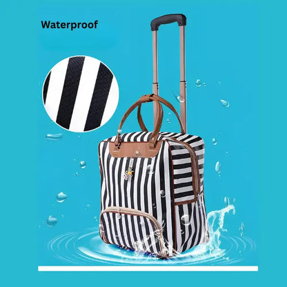 A striped rolling travel bag with brown handles and trim, with water splash effects and a circular fabric close-up inset labeled 'Waterproof'.