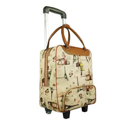 A beige rolling suitcase with a vintage Paris-themed print, featuring brown leather handles and trim, a telescoping silver handle, and black wheels, shown on a plain white background.