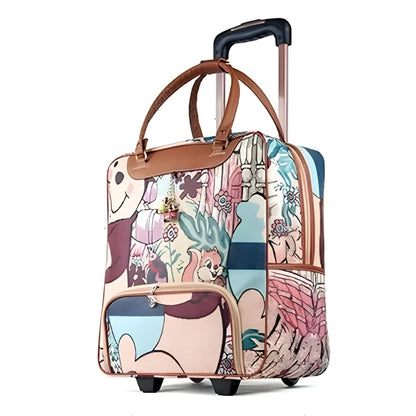 A compact rolling suitcase with a colorful cartoon and floral print, featuring brown leather-like handles and trim, a telescoping handle, and two wheels, shown on a plain white background.