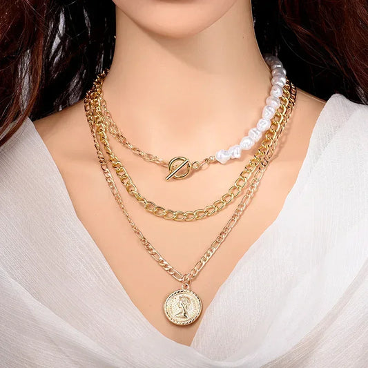 Fashion Chain Pearl Necklace Gold-05