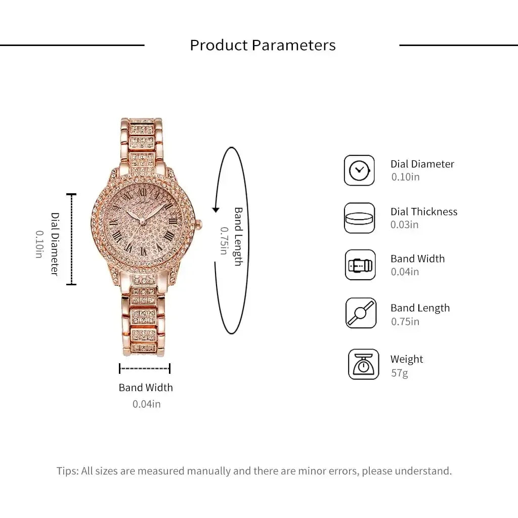 Diamond Crystals Watch and Bracelet Set 1Piece Gold Watch A