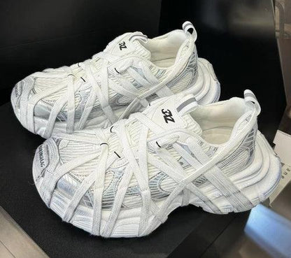 Breathable Distressed Running Shoes Strap Chunky Flat Women Sneakers White / 5