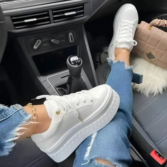 Women’s Flat Sneakers – Casual Platform Lace-Up Shoes with EVA Insole, PU Upper, Sizes 5–10.5