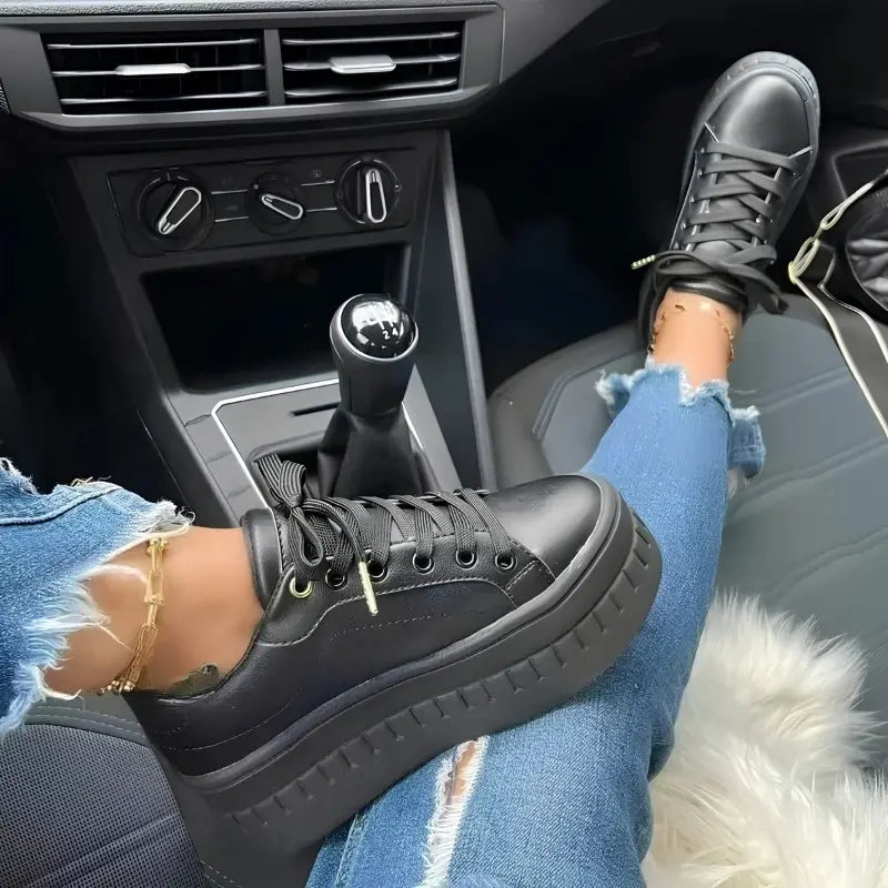 Women’s Flat Sneakers – Casual Platform Lace-Up Shoes with EVA Insole, PU Upper, Sizes 5–10.5