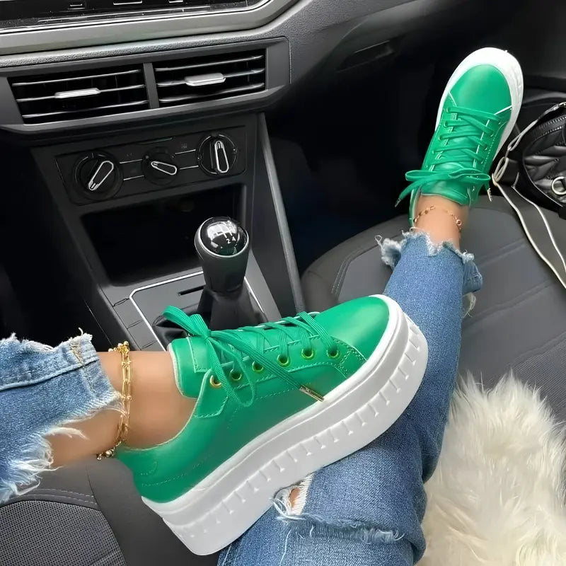 Women’s Flat Sneakers – Casual Platform Lace-Up Shoes with EVA Insole, PU Upper, Sizes 5–10.5