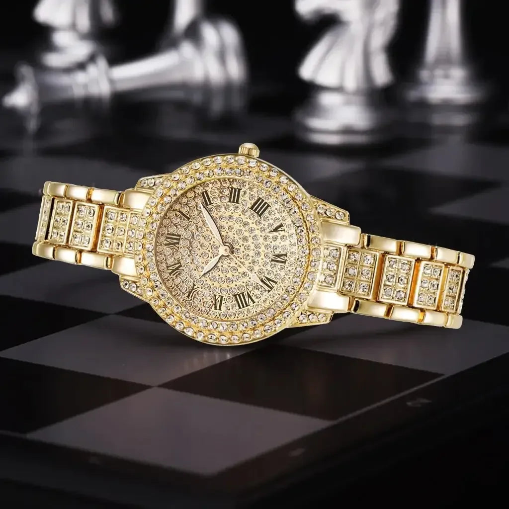 Diamond Crystals Watch and Bracelet Set 1Piece Gold Watch A