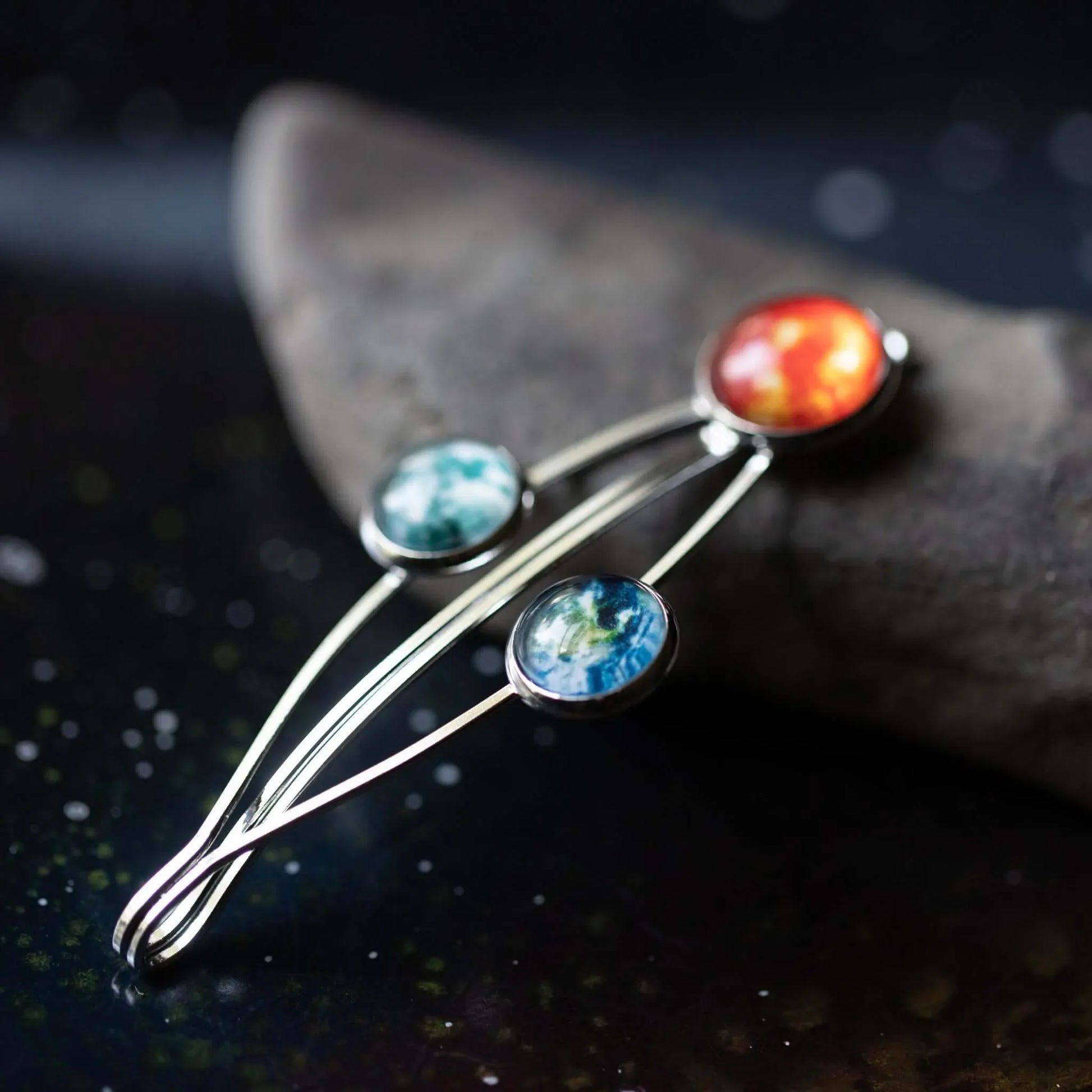Sun Earth and Moon Hair Clip Silver