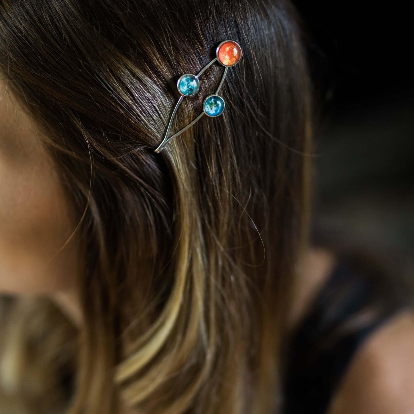 Sun Earth and Moon Hair Clip Silver