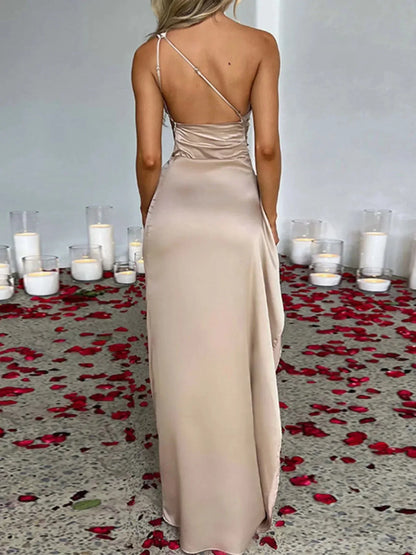 One Shoulder Satin Dress : High Slit S / Black