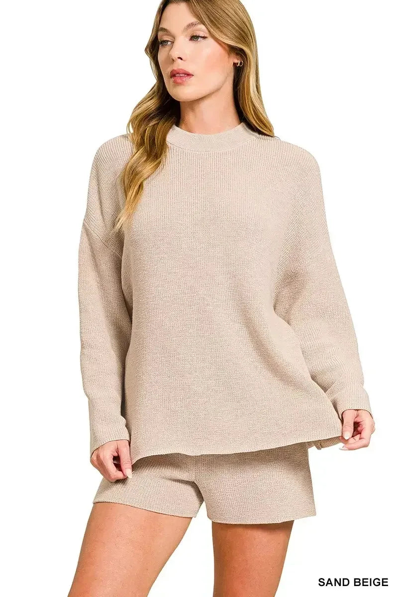 Zenana Round Neck Knit Top and Shorts Sweater Set SAND BEIGE / S