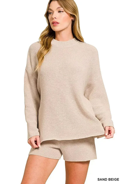 Zenana Round Neck Knit Top and Shorts Sweater Set SAND BEIGE / S