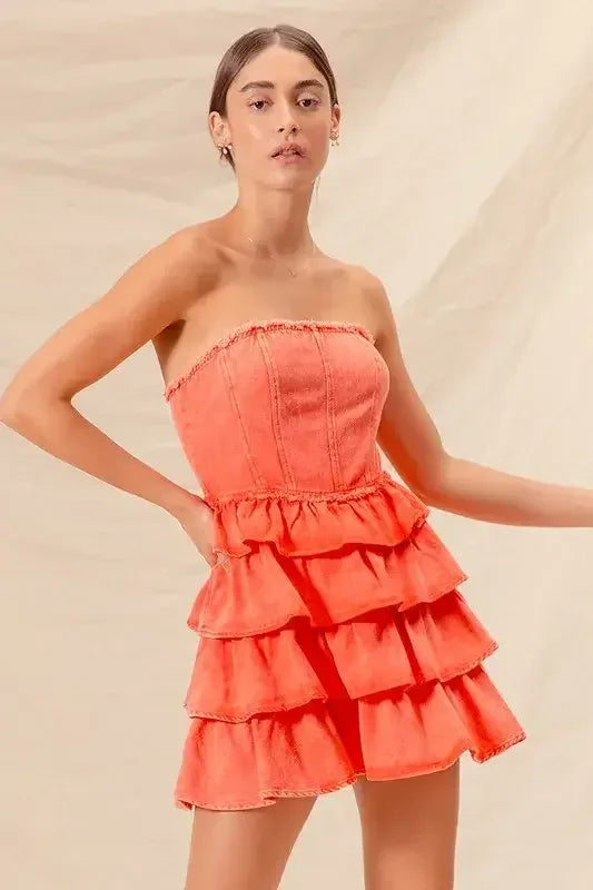 SO ME Strapless Ruffle Layered Game Day Cheer Up Dress ORANGE / S