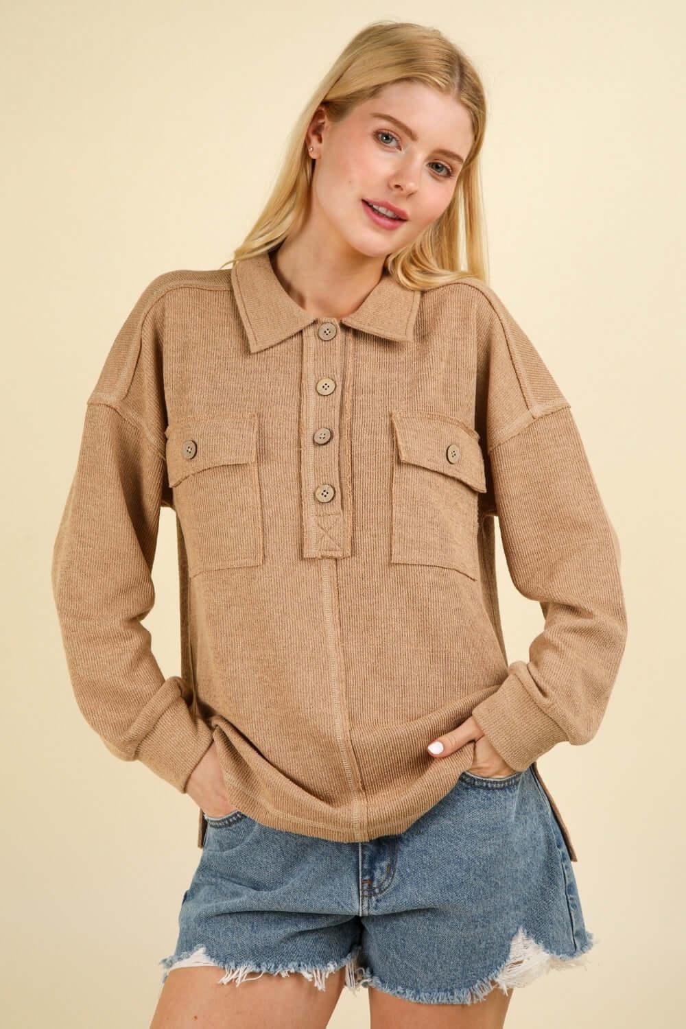 VERY J Collared Half Button Knit Top with Pockets Taupe / S