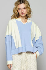 POL Color Block Waffle Knit Raw Hem Sweatshirt CREAM MULTI / S