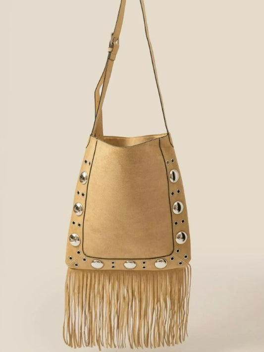 Fame Faux Suede Grommet Accent Fringe Tote Bag TP / one size