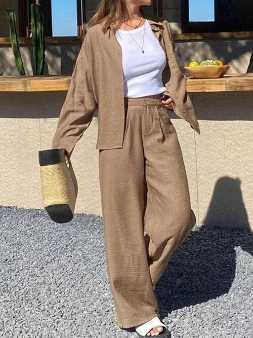 Full Size Relaxed Fit Button Up Shirt and Pants Two-Piece Set Plus S / Khaki