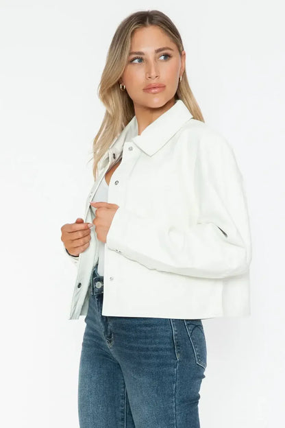 Snobbish Snap Down Long Sleeve PU Leather Jacket White / S