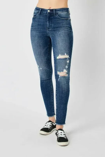 Judy Blue Full Size High Waist Distressed Skinny Jeans Dark / 3/26