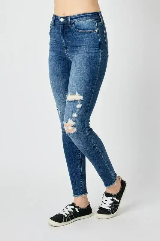 Judy Blue Full Size High Waist Distressed Skinny Jeans Dark / 3/26