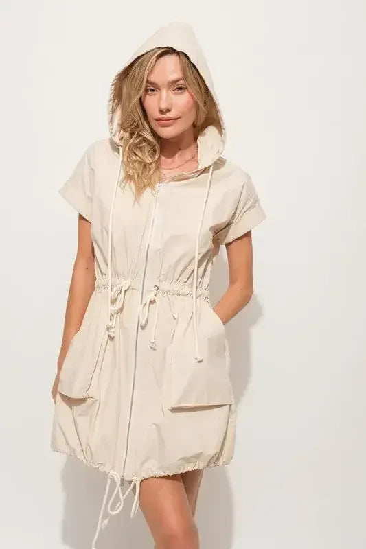 And The Why Short Sleeve String Details Hooded Mini Dress Almond / S