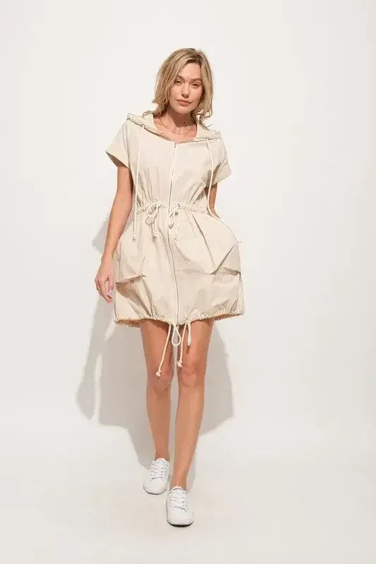 And The Why Short Sleeve String Details Hooded Mini Dress Almond / S