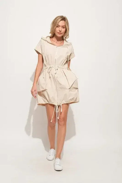 And The Why Short Sleeve String Details Hooded Mini Dress Almond / S