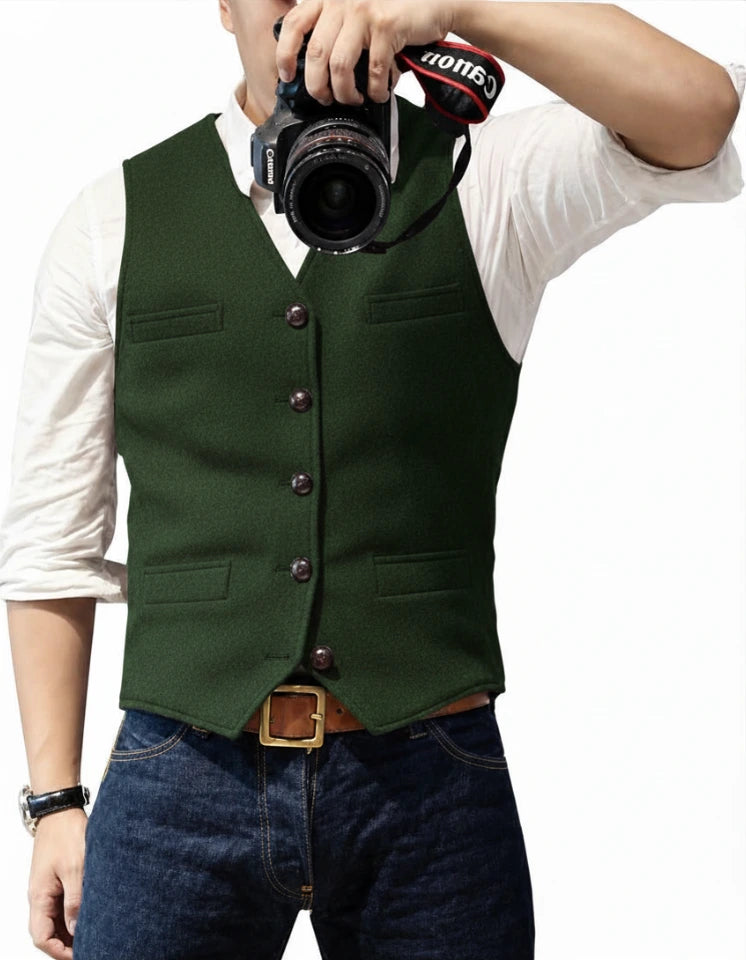 Suit Vest V Neck Herringbone Tweed Slim Fit