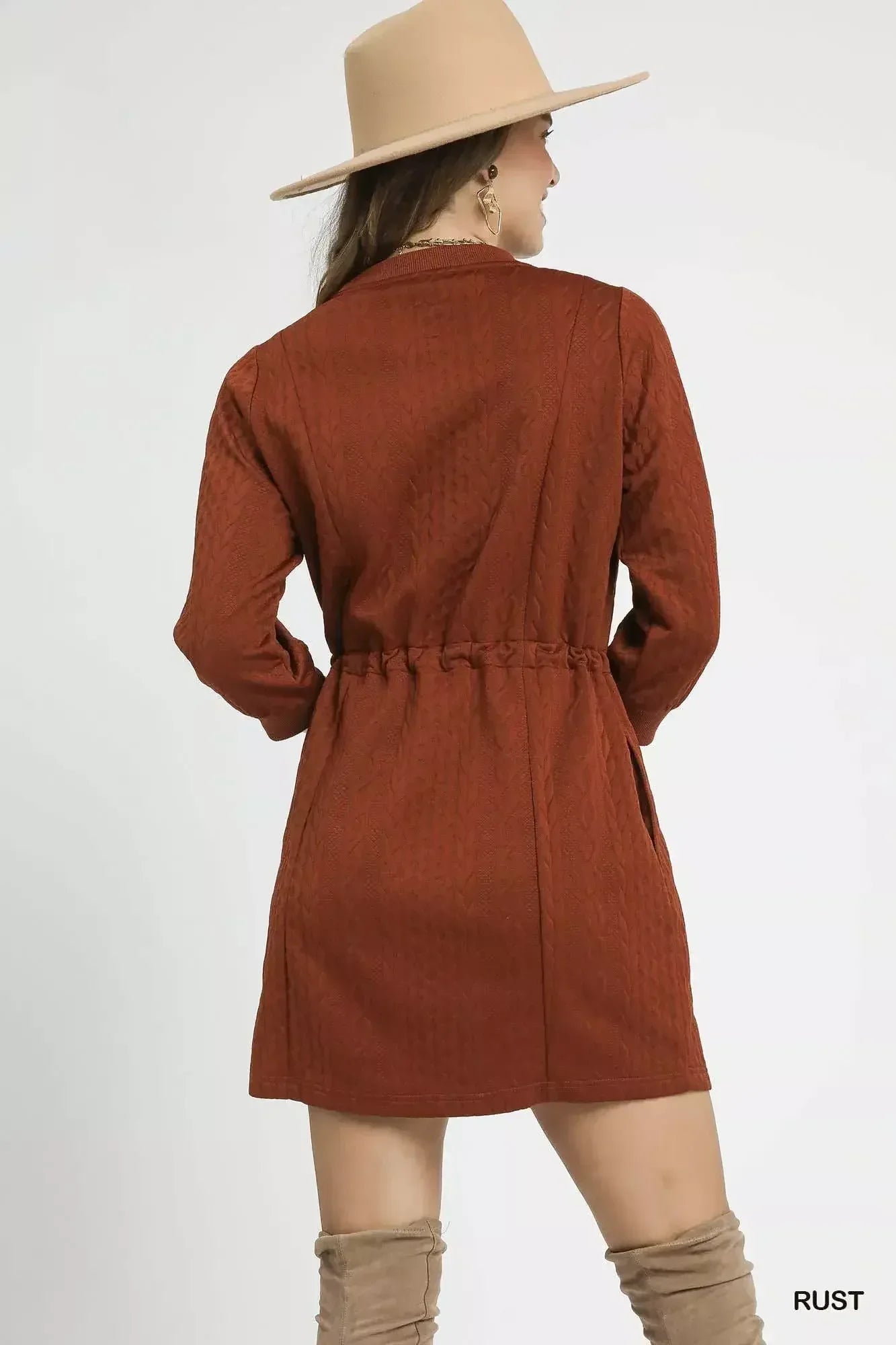Umgee Drawstring Cable Knit Mini Dress with Pockets Rust / XS