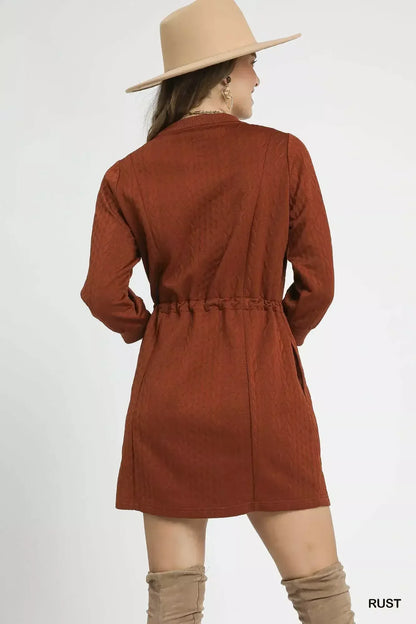 Umgee Drawstring Cable Knit Mini Dress with Pockets Rust / XS