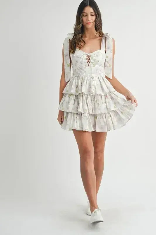 MABLE Floral Print Shoulder Tie Layered Mini Dress Off White / M