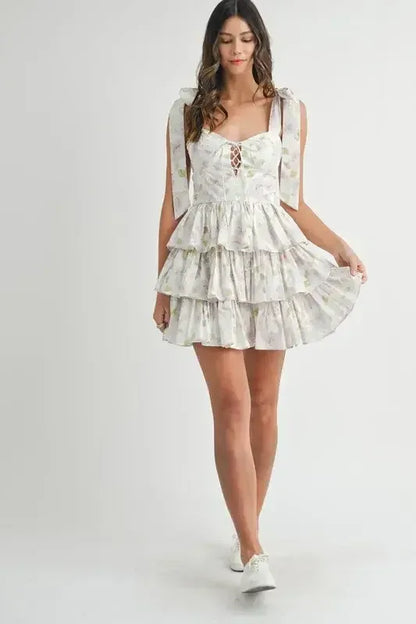 MABLE Floral Print Shoulder Tie Layered Mini Dress Off White / M