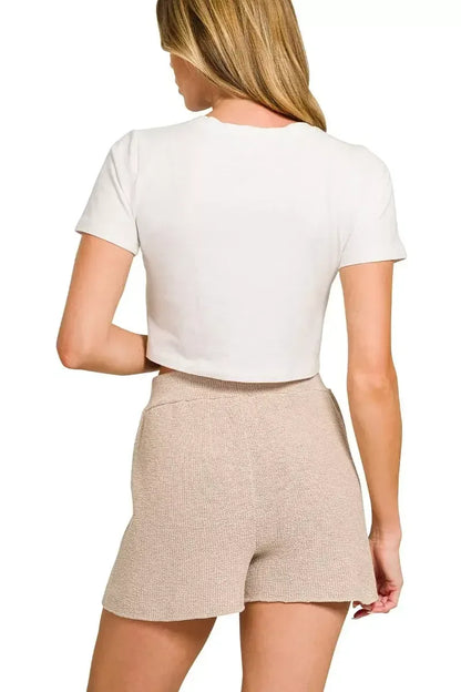 Zenana Round Neck Knit Top and Shorts Sweater Set SAND BEIGE / S