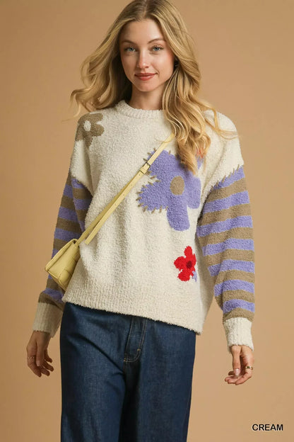 Umgee Flower Jacquard Striped Long Sleeve Sweater Cream / S