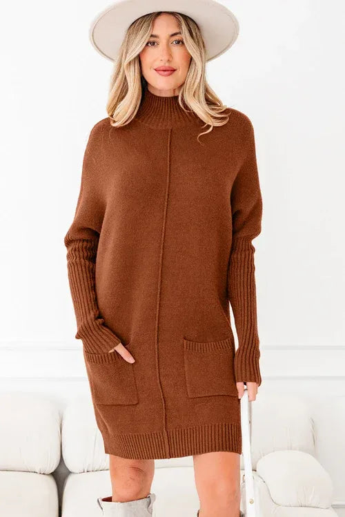 Solid Ribbed Mock Neck Sweater Dress L / Chestnut