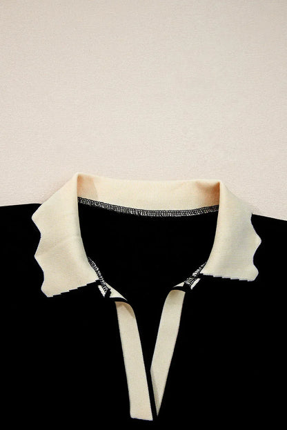 Colorblock Scallop Trim Long Sleeve Collared Top S / Black