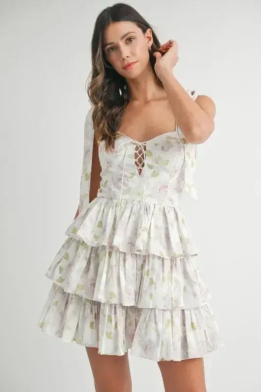 MABLE Floral Print Shoulder Tie Layered Mini Dress Off White / M
