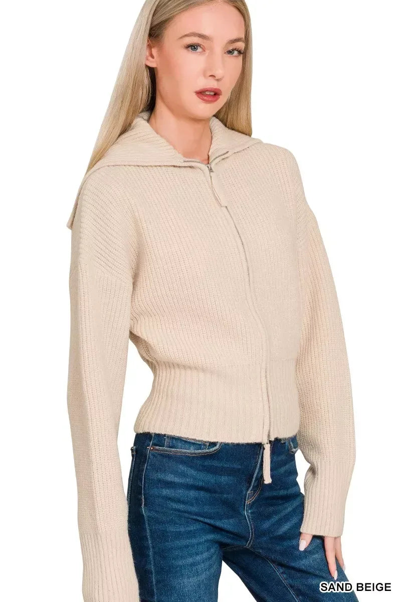 Zenana Ribbed Collared Zip Up Sweater Cardigan SAND BEIGE / S