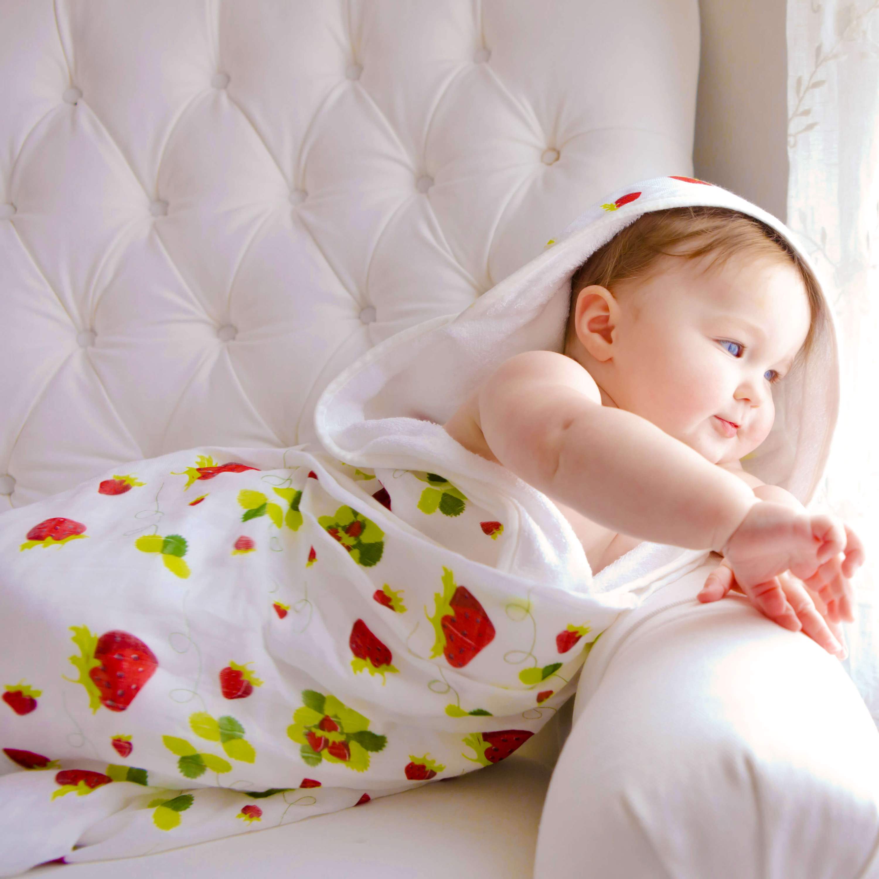 Baby Hooded Towel, Muslin-Backed, Buttery Soft Terry, Strawberry Print