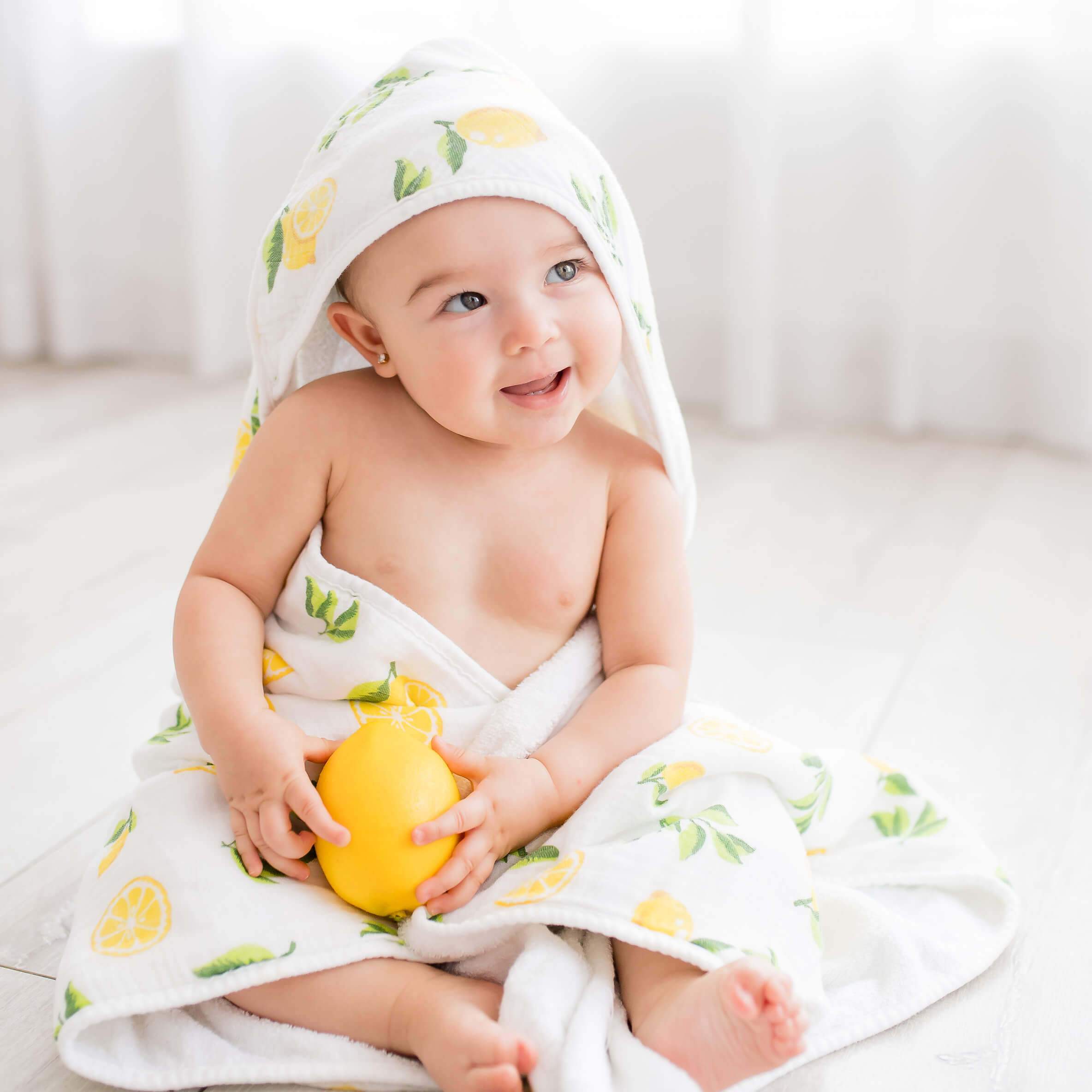 Baby Hooded Towel, Muslin-Backed, Buttery Soft Terry, Lemon Print