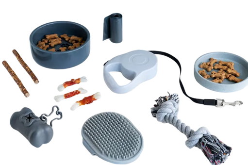 pet and animal supplies with pet toys bowls, treats and a leash