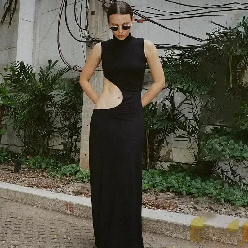 Cryptographic Sexy Cut Out Maxi Dress black