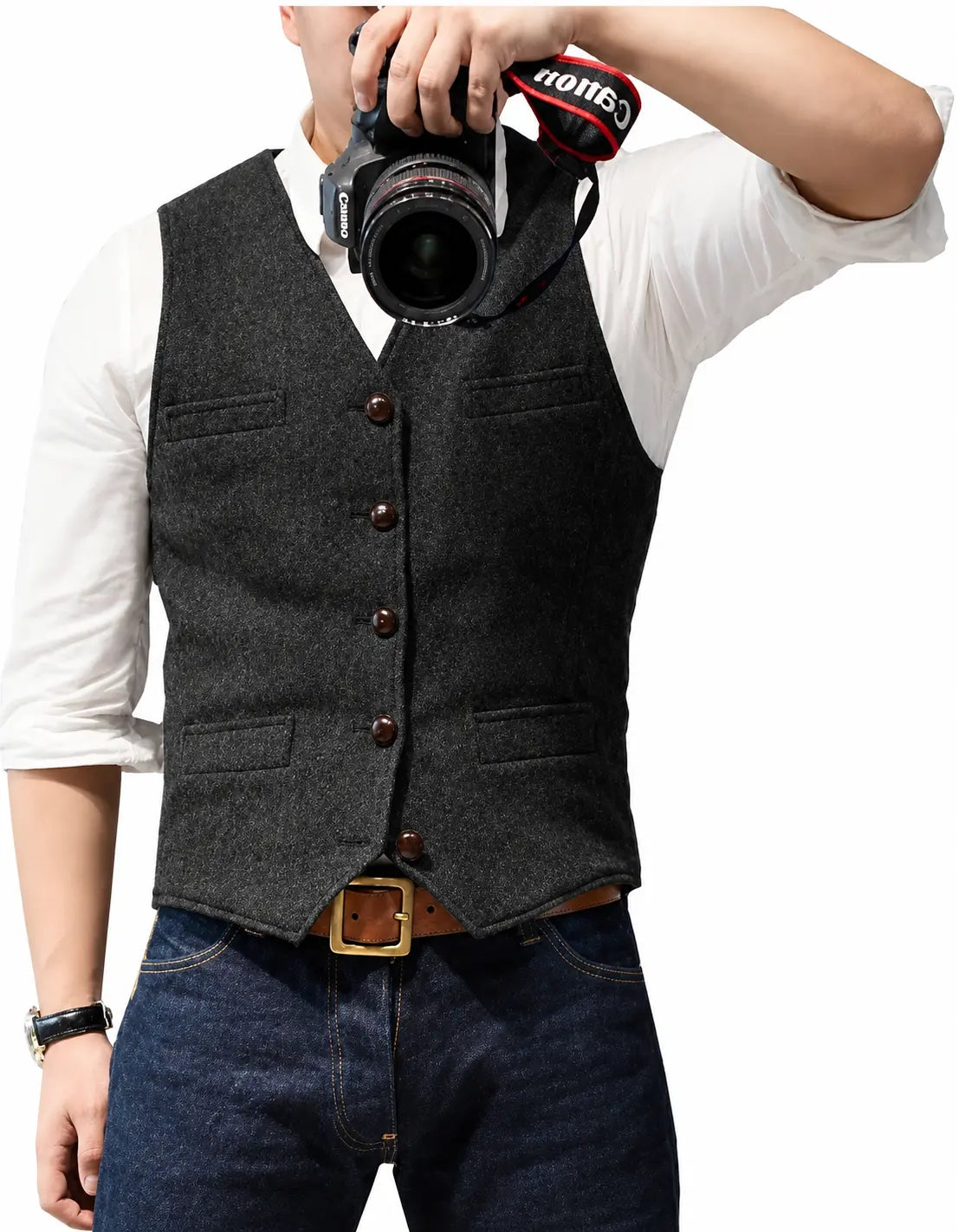 Suit Vest V Neck Herringbone Tweed Slim Fit