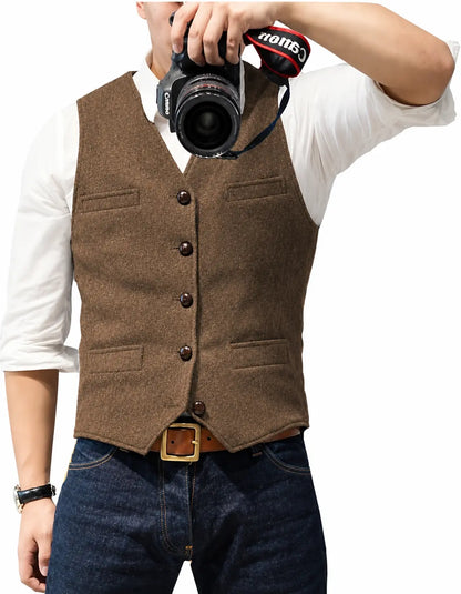 Suit Vest V Neck Herringbone Tweed Slim Fit