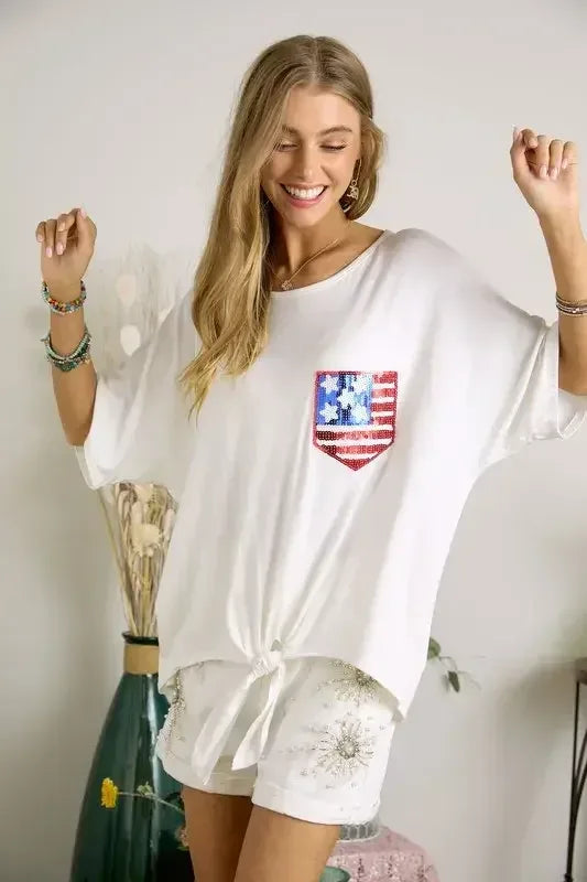 ADORA Sequin US Flag Pocketed Top Off White / S